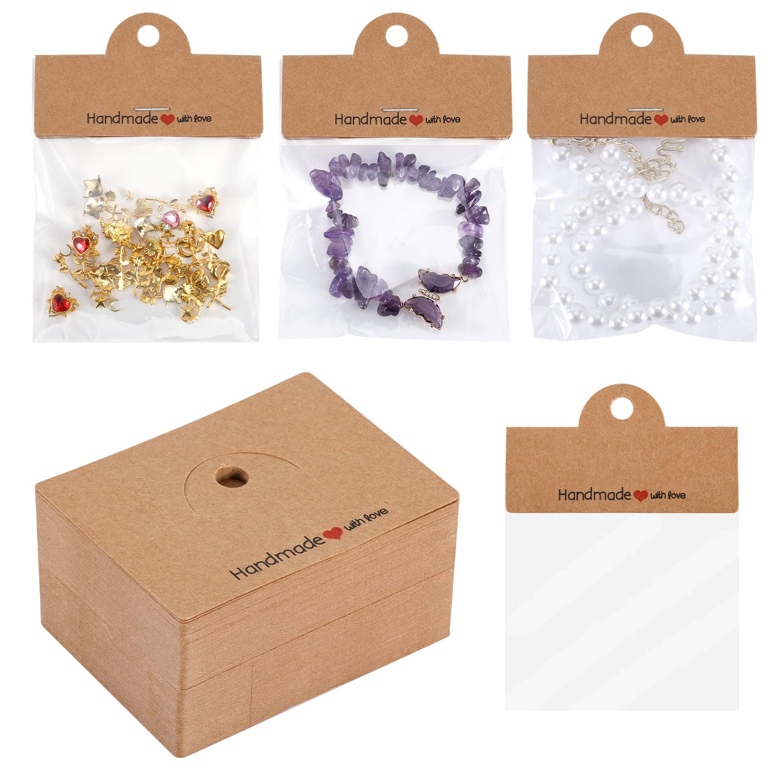 100pcs Jewelry Package Bags, Premium Paper Card Jewelry Display Packaging for Small Business with 100pcs Transparent Plastic Bags for Bracelets Necklaces Package Display Supplies(Kraft Paper Color)
