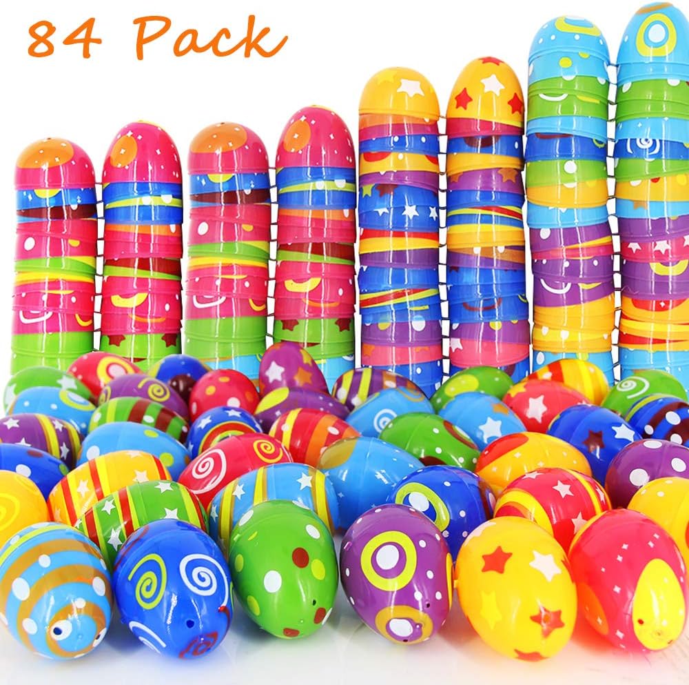 MeiGuiSha 84PCS Plastic Colorful Printed Bright Easter Eggs-2.5” tall Fillable Printed Easter Eggs for Easter Hunt Party Favor,Basket Stuffers Fillers, Classroom Prize Supplies