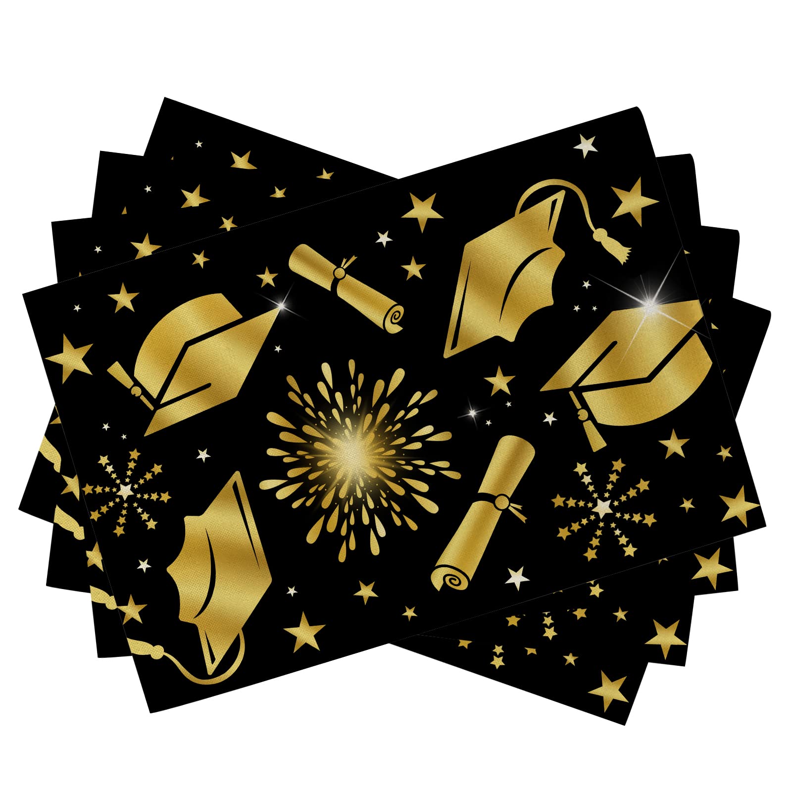 Photo 1 of Seliem Congrats Grad Graduation Cap Placemats Set of 4, Class of 2024 Black Gold Stars Polka Dots Dining Table Place Mats, High School College Graduate Party Kitchen Decor Home Decoration 12x18 Inch