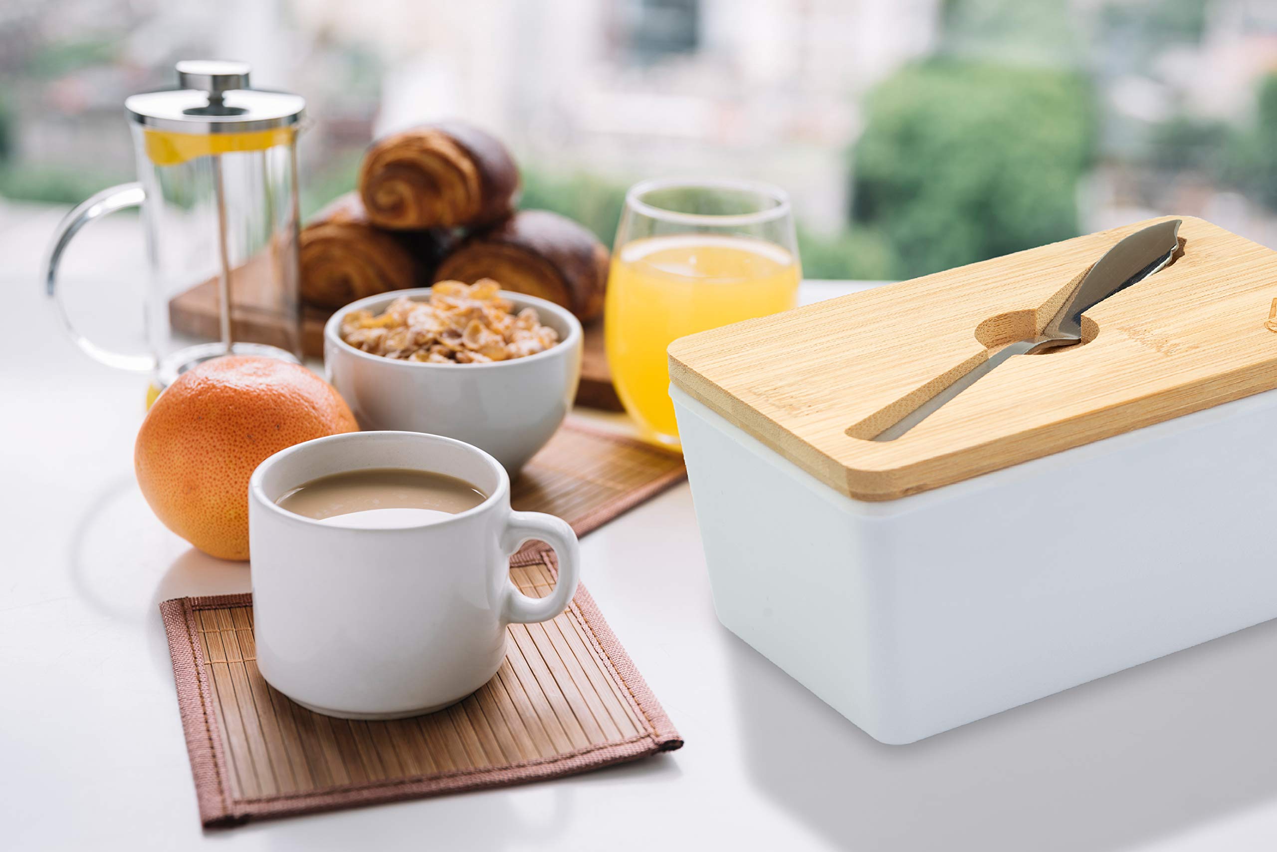 Adirom Butter Dish, Butter Dish with Lid - Elegant Melamine Butter crock with Bamboo Cover Keeps Your Butter Fresh, Clean and Flavorful,BONUS- smearing knife - Get Your Best Butter Holder now !