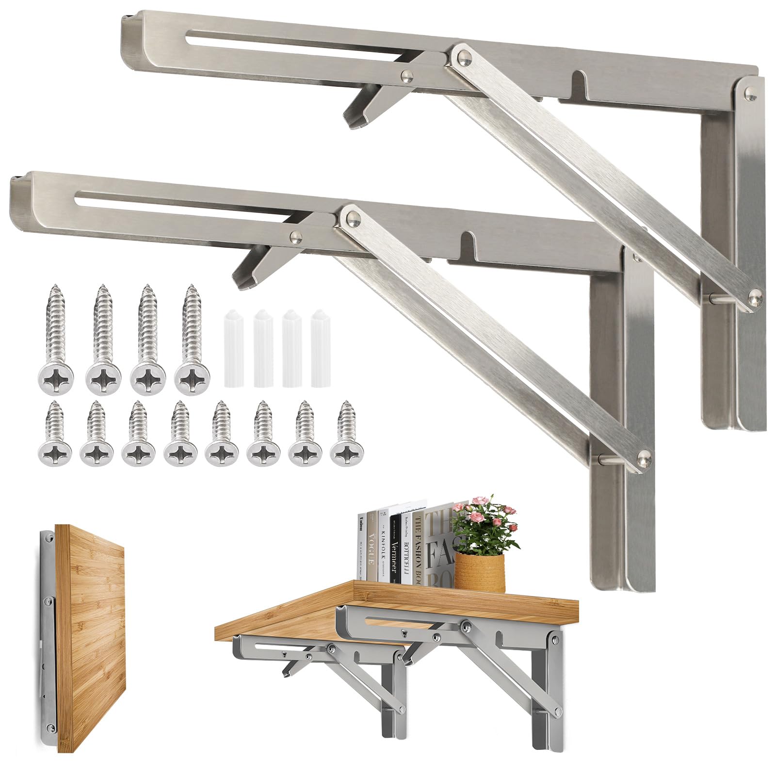 Folding Bracket Heavy Duty 300 mm Shelf Brackets Stainless Steel Load 150 kg Shelf Bracket Foldable for Kitchen, Garage etc. Space-Saving Set of 2