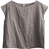 Amazhiyu Womens 100% Linen Casual Cap Sleeve Tops Basic Summer Loose Fit Blouse