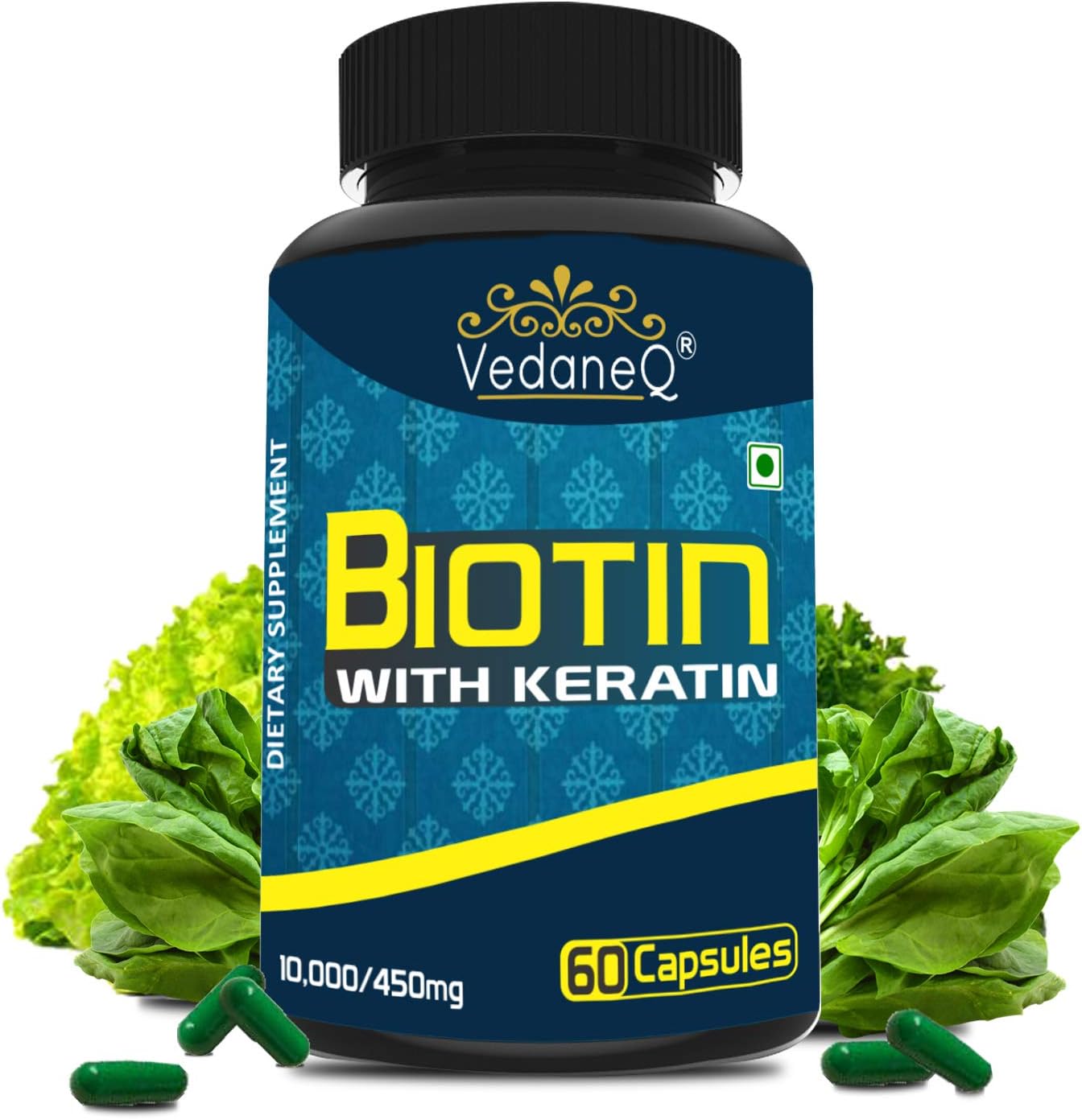 VedaneQ Biotin for Hair Growth 10000mcg with Keratin for Healthy Hair, Nails & Skin | Hair Growth Supplement and Dietary Supplement Vegetarian 60 Capsules | Biotin Supplement for Men & Women