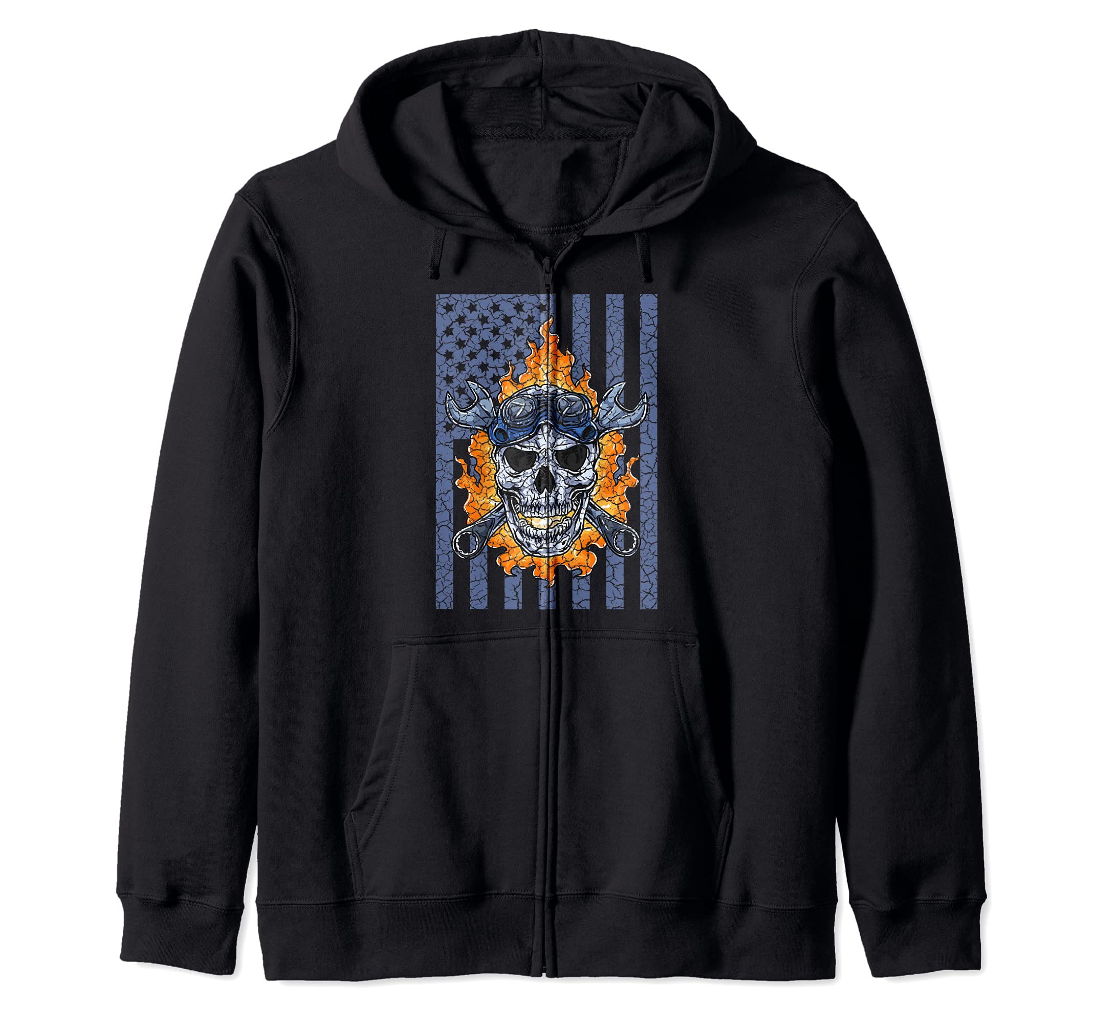 Mechanic Handyman Fire Skull American Flag Tools Wrench Zip Hoodie