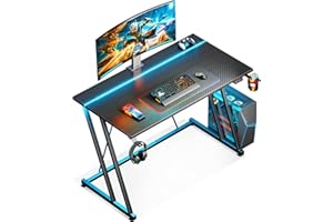 MOTPK 39 Inch Small Gaming Desk with LED Lights & Power Outlet, Computer Desk for Small Space, Gaming Table with Carbon Fiber