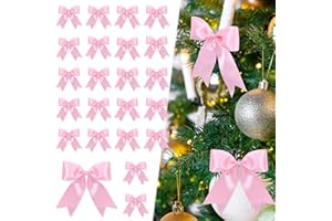 FHZYTG 24 Pcs Pink Satin Ribbon Bows Christmas Tree Decorations, Christmas Wreath Bow Topper for Xmas Gift Packaging Home Wreath Fence Fireplace Wedding Party Decor