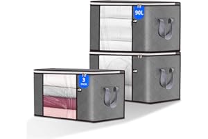 HOTBAG 90L Large Storage Bags for Clothes, 3 Pack Foldable Blanket Storage Bins, Clothing Storage Bins Foldable Clothes Organizer and Storage Containers with Lids and Handle for Organizing Bedroom,Closet
