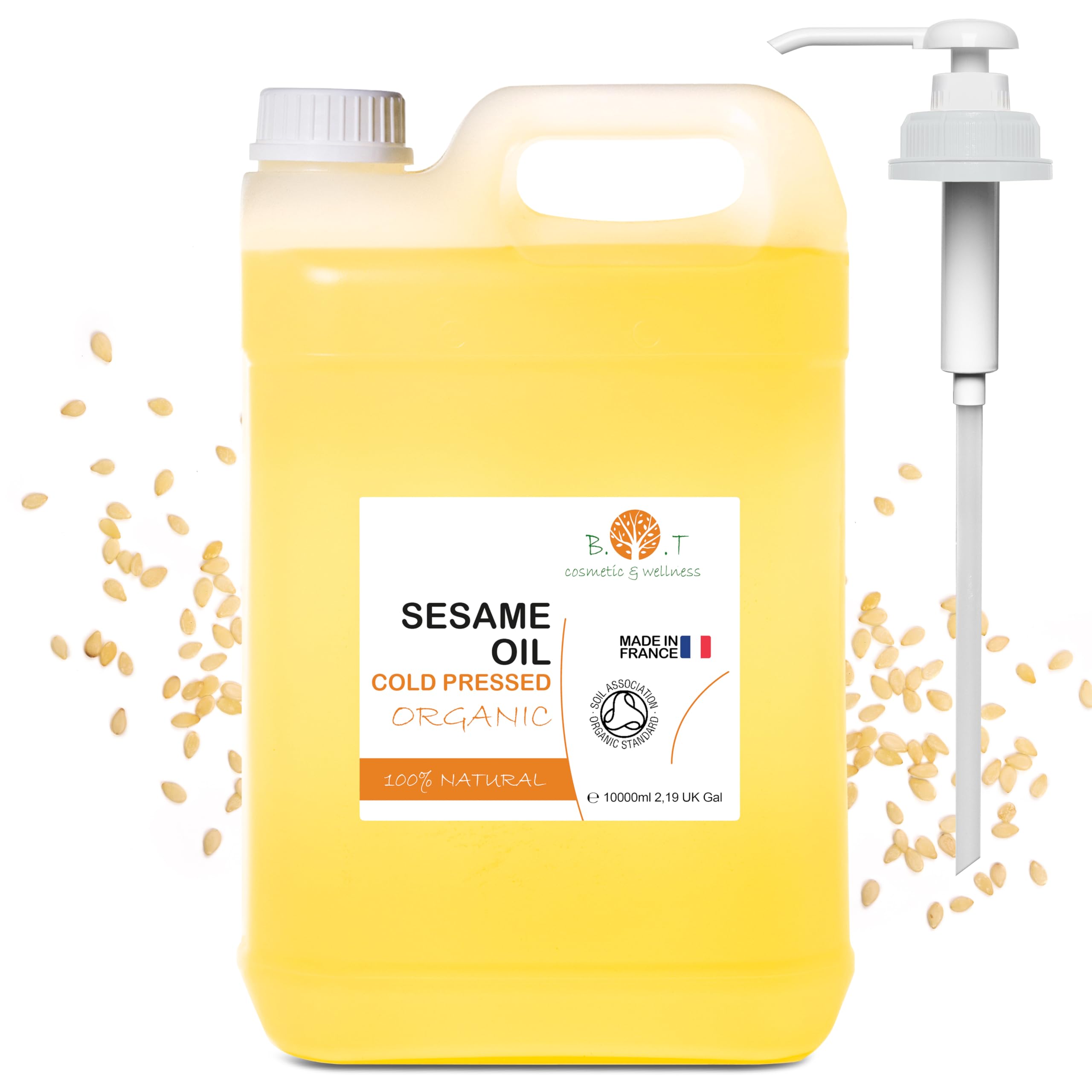 100% Pure and Natural Organic Sesame Oil extracted from the Cold Pressing of Sesame Seeds. Certified Organic. Skin and Hair Care. Ayurveda Massage Oil - 10000 ml 10 L 352fl oz