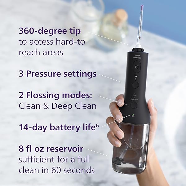 PHILIPS SONICARE CORDLESS POWER FLOSSER 3000 – WATER FLOSSER WITH INNOVATIVE QUAD STREAM TECHNOLOGY, ORAL IRRIGATOR WITH 2 FLOSSING MODES AND 3 PRESSURE LEVELS, IPX7 WATERPROOF, BLACK, HX3826/23