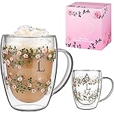 Aoshin Initial Glass Cup for Women, 12oz Rose Double Walled Glass Coffee Mugs, Personalized Gifts for Women, Initial Coffee Tea Mug with Scarf, Birthday Wedding Gifts for Her Mom Teacher (ROSE-L)