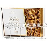 GLASSIQUE CADEAU Crystal Cocktail and Champagne Coupette Glasses | Set of 4 | 9 oz Elegant Long Stemmed Coupe Glassware for Gimlet, Espresso Martini, Daiquiri, Cosmopolitan | Fancy Round Saucers