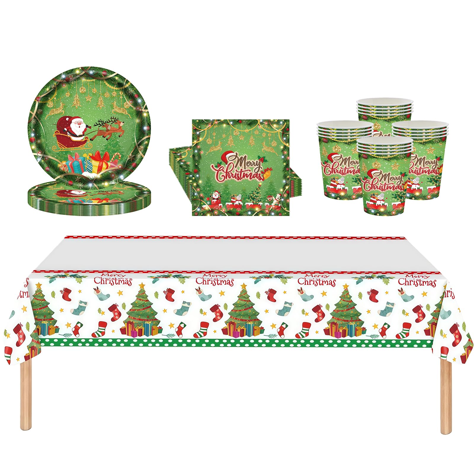 52Pcs Green Santa Christmas Party Tableware Decorations, Table Cloth, 7inch & 9inch Paper Plates, Napkins for Xmas Disposable Dinnerware