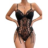Avidlove Women's Lace Up Front V Neck Bustier Lingerie Sexy One Piece Teddy Lingerie Bodysuit Boudoir Outfit