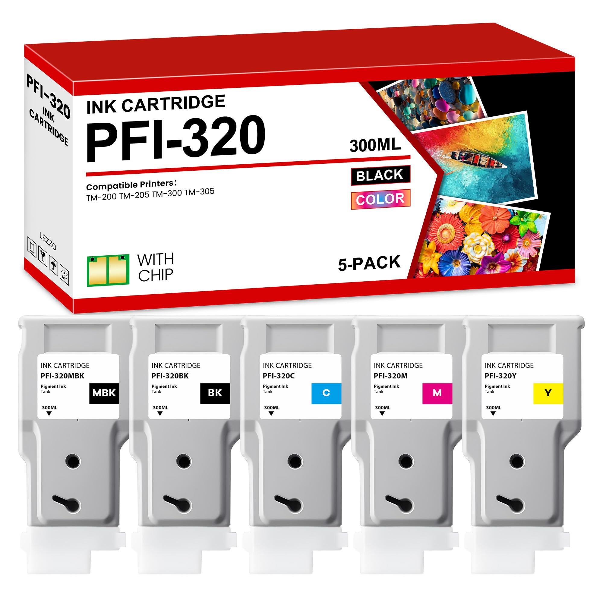 Photo 1 of Lezzo PFI-320 Ink Tank Set 300ml 5-Pack PFI-320MBK PFI-320BK PFI-320C PFI-320M PFI-320Y Replacement for Canon PFI-320 PFI320 Ink for ImagePROGRAF TM-200 TM-205 TM-300 TM-305 Printer Pigment Ink