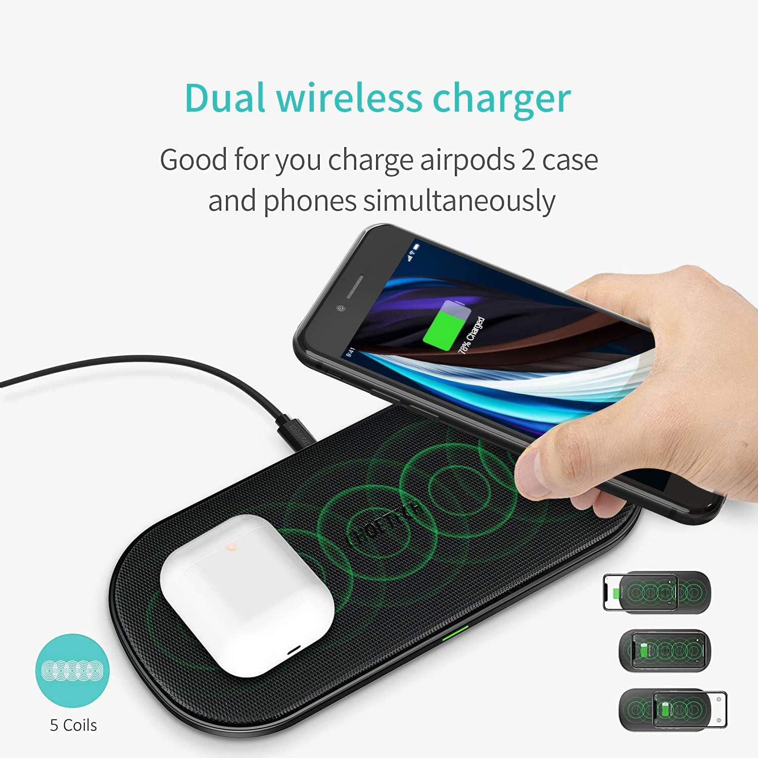 CHOETECH Dual Wireless Charger, 5 Coils Qi Certified Fast Wireless Charging Pad Compatible with iPhone 12/12 Pro/12 Pro Max/12 Mini/SE /11/11 Pro Max/XS, Galaxy S20/Note 10, AirPods Pro (With Adapter)