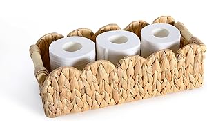 Quincry Scalloped Organizer Basket for Toilet Tank Top with Wooden Handle, Wicker Storage Over Above Behind Toilet, Hand Woven Paper Rope Back of Toilet Tray (1pcs)