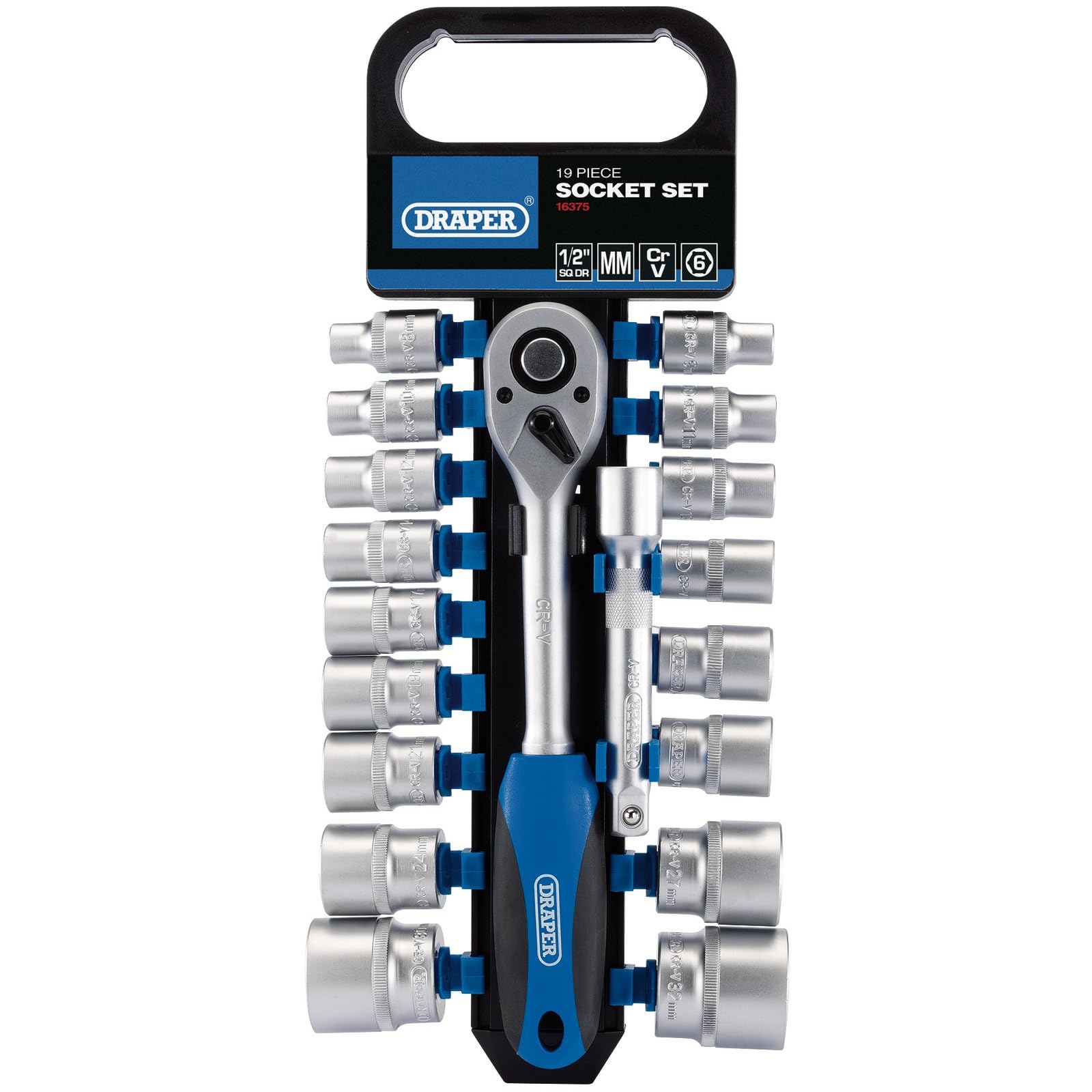 Draper 16375 1/2-Inch Square Drive Metric Socket and Ratchet 19 Piece Set
