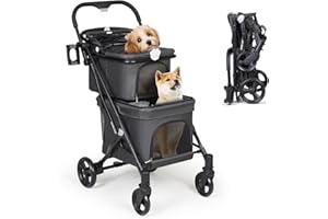 Beberoad Pets T1 Double Pet Stroller for 2 Small Dogs or Cats Lightweight Foldable Double Cat Stroller with Detachable Carrier (Black)