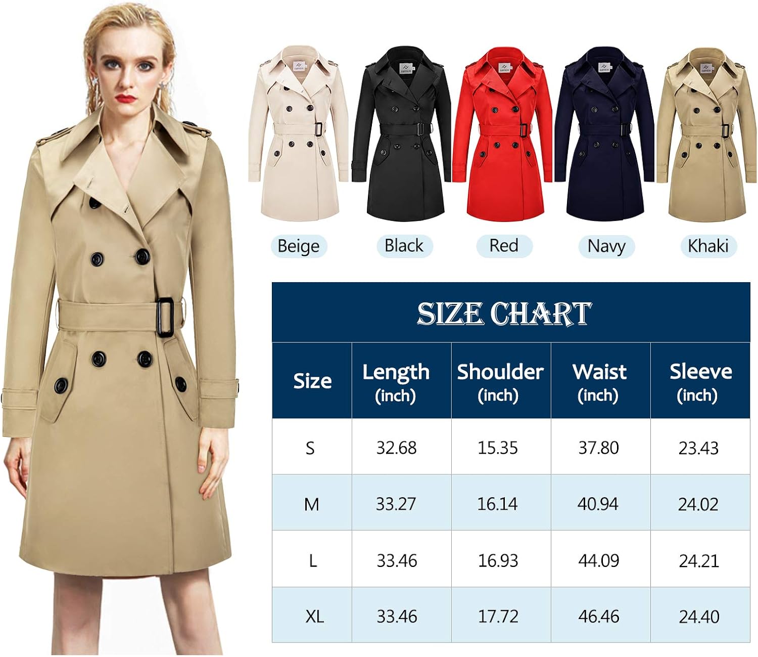 FARVALUE Women's Double Breasted Trench Coat Water Resistant Classic Belted Lapel Overcoat: Clothing