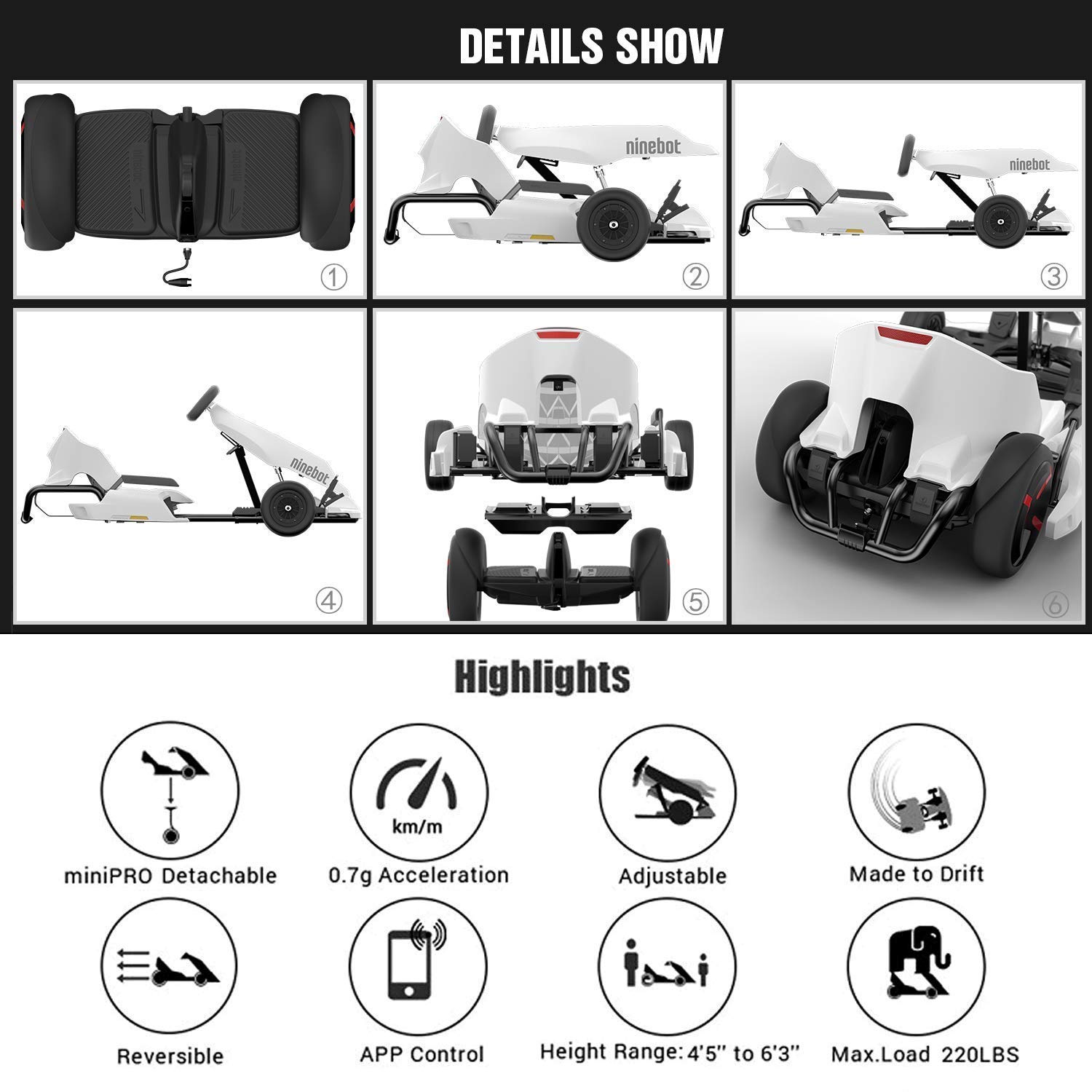 Ninebot Electric GoKart Kit for Segway miniPRO Ninebot S, 12.4 Miles Range, 15 MPH Top Speed