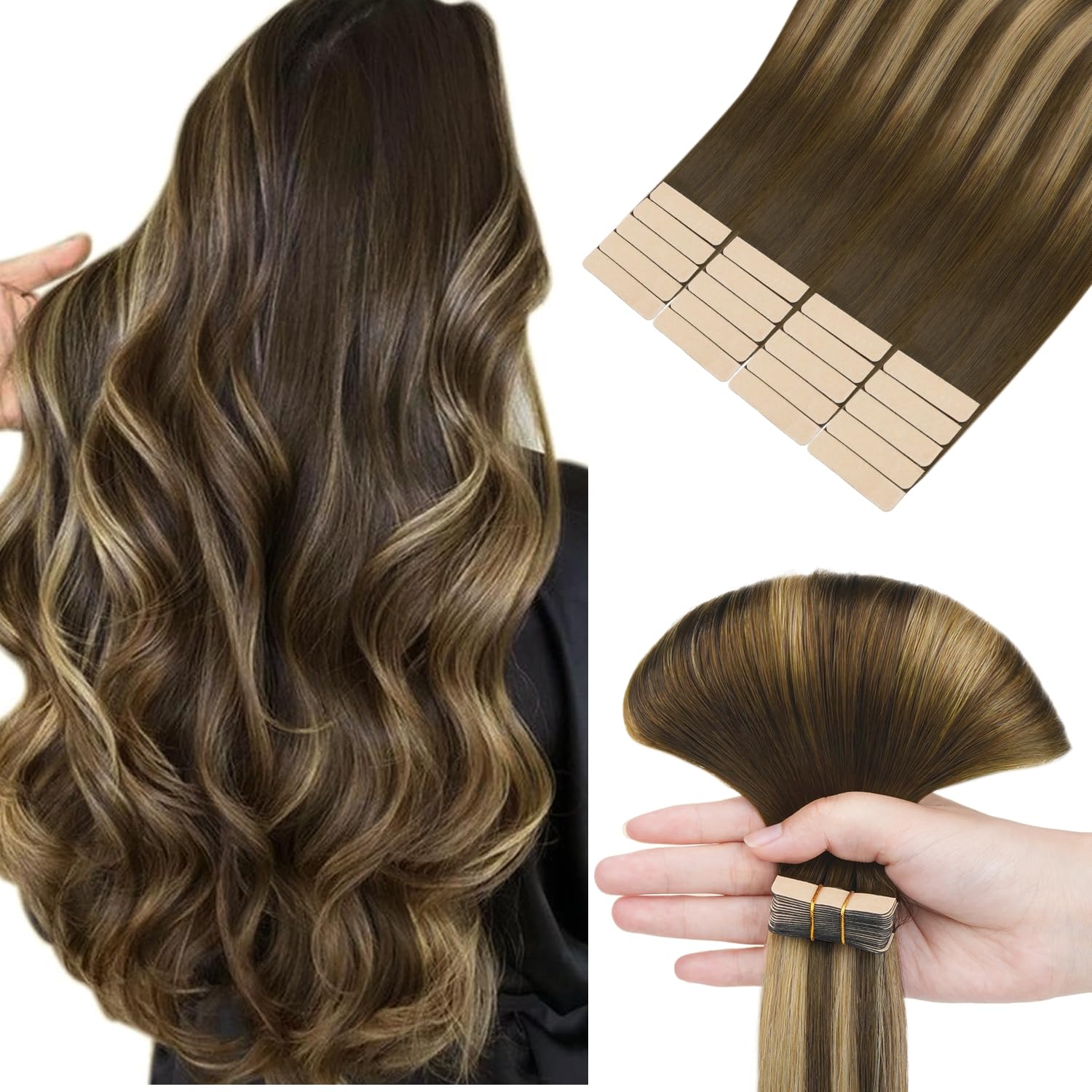 hotbanana Tape in Hair Extensions, 20 Inch Tape in Hair Extensions Human Hair 20pcs 50g Chocolate Brown Mixed Caramel Blonde Balayage Tape Hair Extensions Straight Remy Human Hair Tape in Extensions