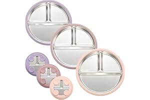 SPMKTQK 3Pack Stainless Steel Kids Plates, 8.1" Divided Kids Plate with Removable Silicone Suction Sleeves for Baby Highchairs, Non Toxic BPA Free Non-Slip Unbreakable Snack Lunch Plates