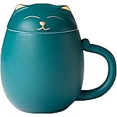 HEER Cat Tea Cup with Infuser and Lid, Cute Tea Mug with Strainer for Steeping Loose Leaf, Ceramic Teacup Birthday Christmas Cat Lover Gifts for Women, Men, Mom, Sisters, besties. (Green)