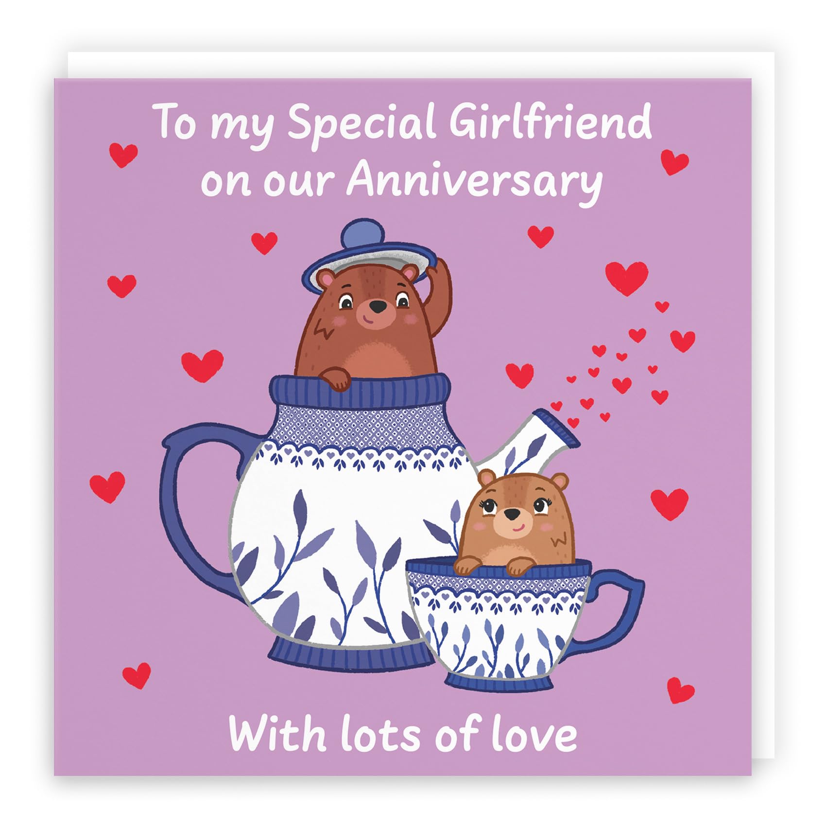 Hunts England - Cute Teapot Girlfriend Anniversary Card - Fun Bears Anniversary Card - Love Story Collection