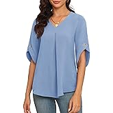 LAOLASI Womens Summer Chiffon Blouses Bell Short Sleeve V Neck Casual Dressy Work Tops for Leggings 2025 Loose Flowy Tshirts