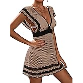 BreathSunny Womens Crochet Sexy Waist Cinched Swimsuit Coverup Summer 2026 Color Block Beach Bathing Suit Cover Up Mini Dress