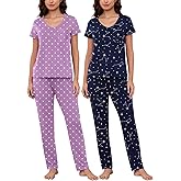 YIJIU 2 Pack Women's Pajama Sets Short Sleeve with Pocket Top and Long Pants Sleepwear Soft Printed Pjs Lounge Set
