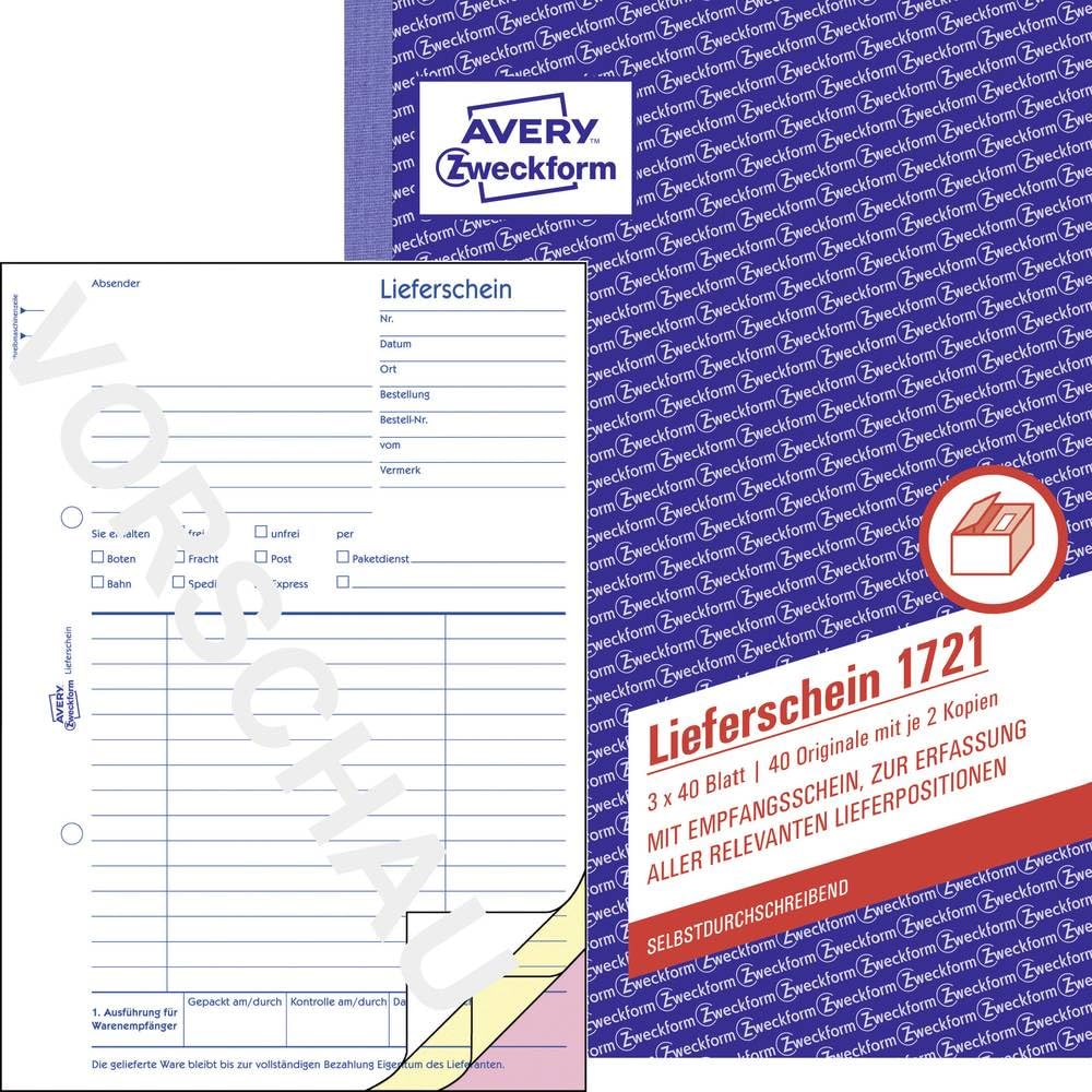 Avery Zweckform 1721 mit Empfangsschein, DIN A5, mit Empfangsschein Delivery Note 3 x 40 Sheets, White, Yellow, Pink — image 1