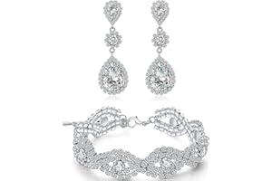 Paxuan Silver/Gold Plated Bridal Wedding Rhinestone Earrings Bracelet Set for Wedding Brides Bridesmaids Crystal Stone Dangle Drop Earrings Link Tennis Bracelet Set for Women Wedding