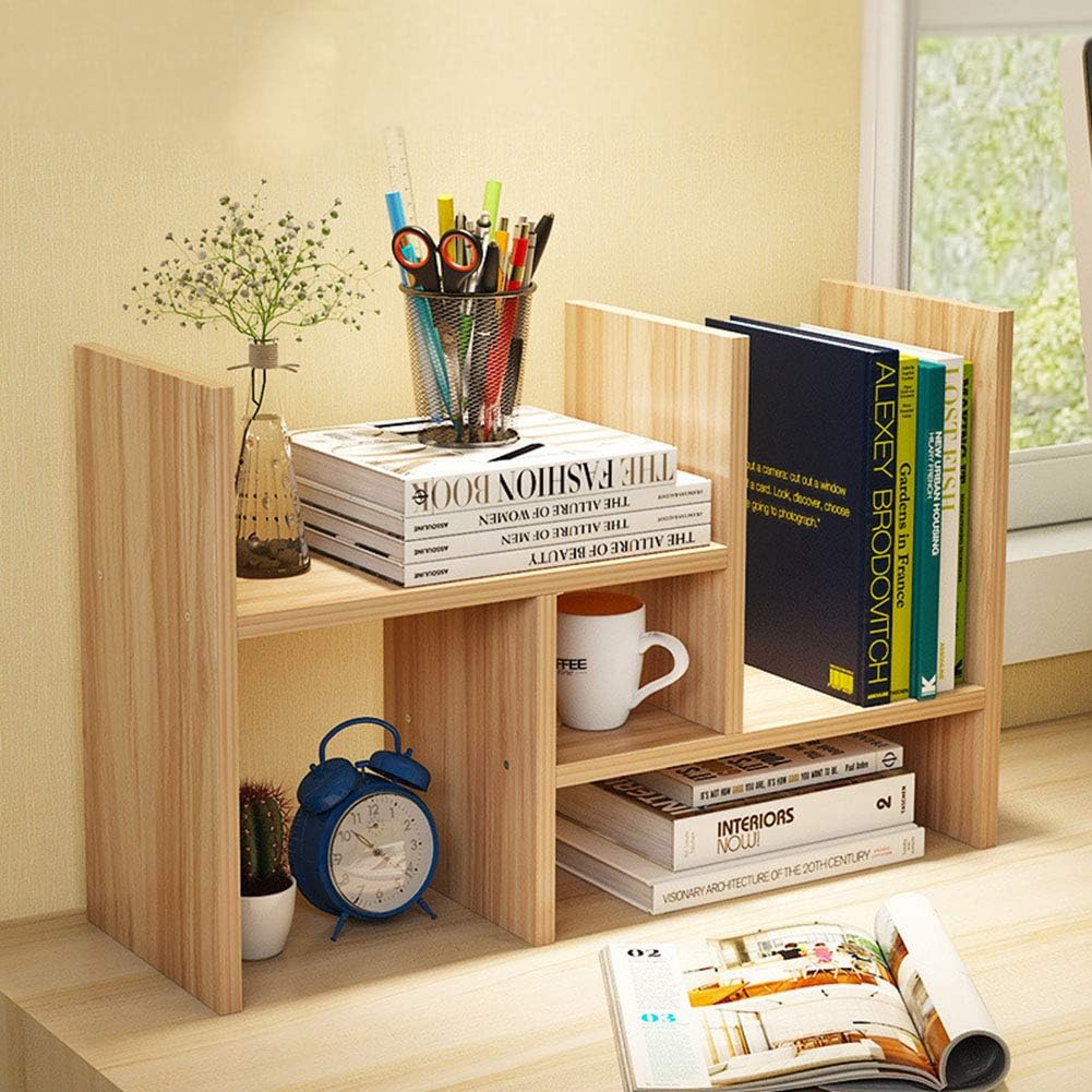 Garwarm Desktop Organizer,Office Storage Rack Adjustable Wood Display Shelf,Counter Top Bookcase,Walnut: Furniture & Decor
