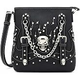 Gothic Sugar Skull Crossbody Purse for Women Rhinestone Studs Shoulder Bag | Western Cowgirl Biker Handbag, Adjustable Strap, Multi Pocket Organizer, Zipper Closure, Studded Punk Rock Rodeo Style