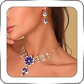 SAWINDA Gold Blue Jewelry Set Diamond Black Flower Teardrop Necklace Earrings Rhinestone Crystal Wedding Prom Formal Trendy Jewelry Accessories for Brides Women