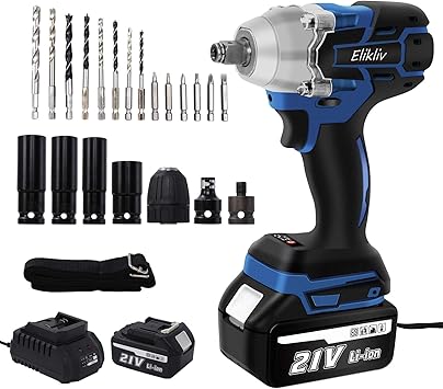 Amazon Elikliv インパクトレンチ タイヤ交換 充電式 コードレス 一台３役 レンチ ドリルドライバー インパクトドライバー 多機能 無段変速 正逆転両用 Ledライト 過負荷保護 過熱保護 ２個バッテリー 日本語取扱説明書 豊かな付属品付き インパクトレンチ