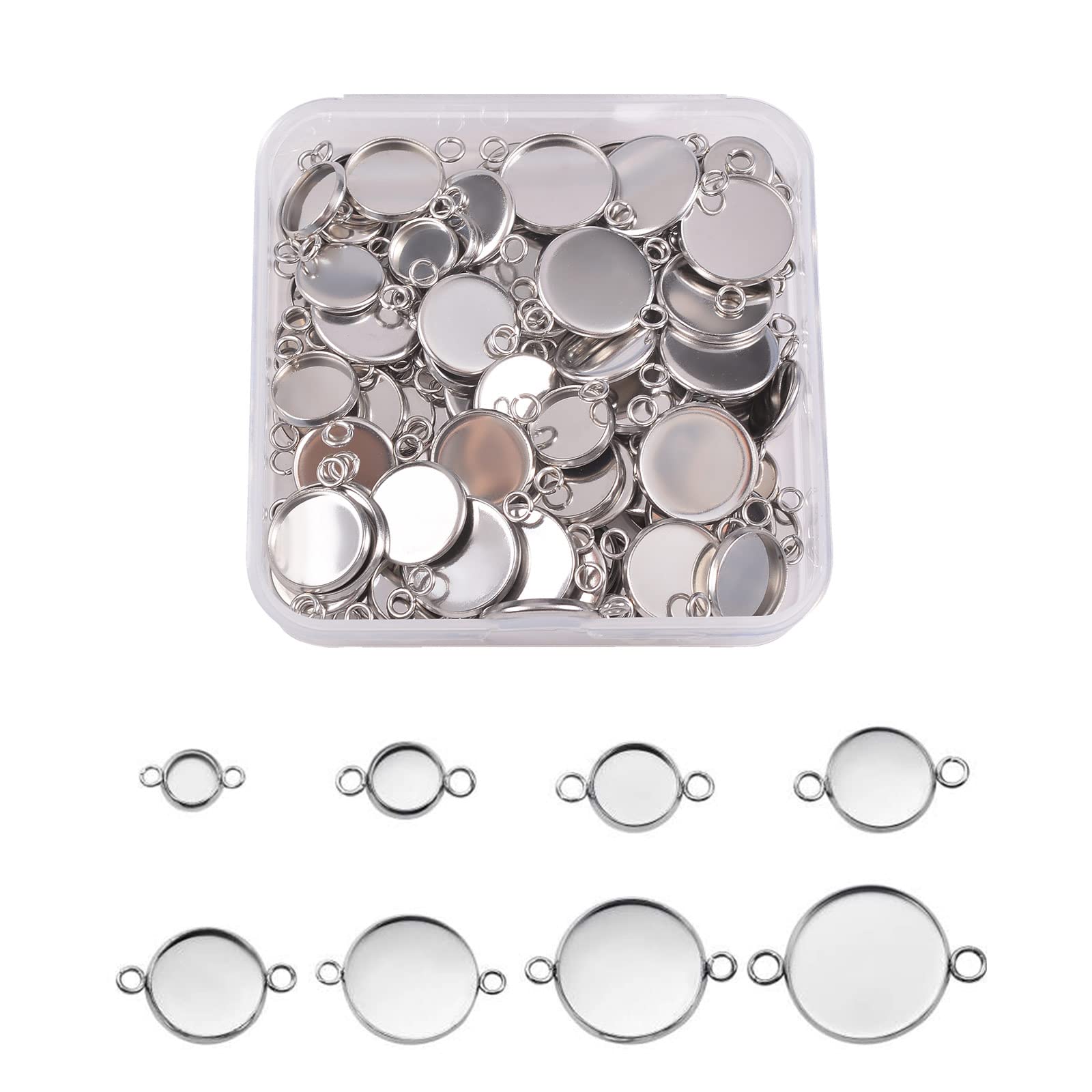 BEEFLYING 80Pcs 8 Size Stainless Steel Cabochon Connector Settings Round Blank Bezel Pendant Tray Connectors for Jewellery Making 6mm~20mm
