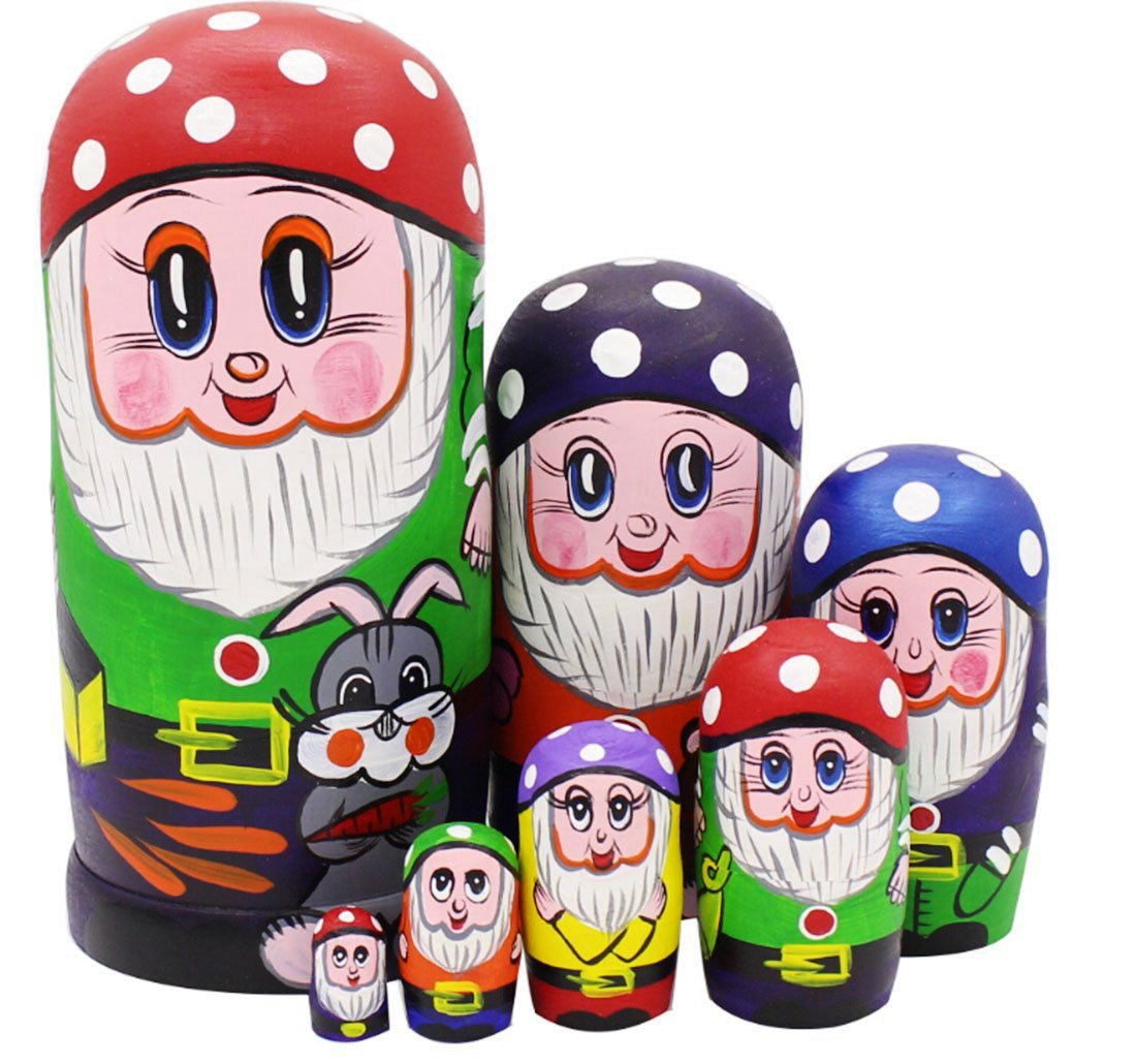 Lovely Gnome Dwarfs With Mushroom Cap and Grey Rabbit Handmade Wooden Russian Nesting Dolls Matryoshka Dolls Set 7 Pieces For Kids Toy Birthday Christmas New Gift Gift Home Decoration (Blue) (Red)
