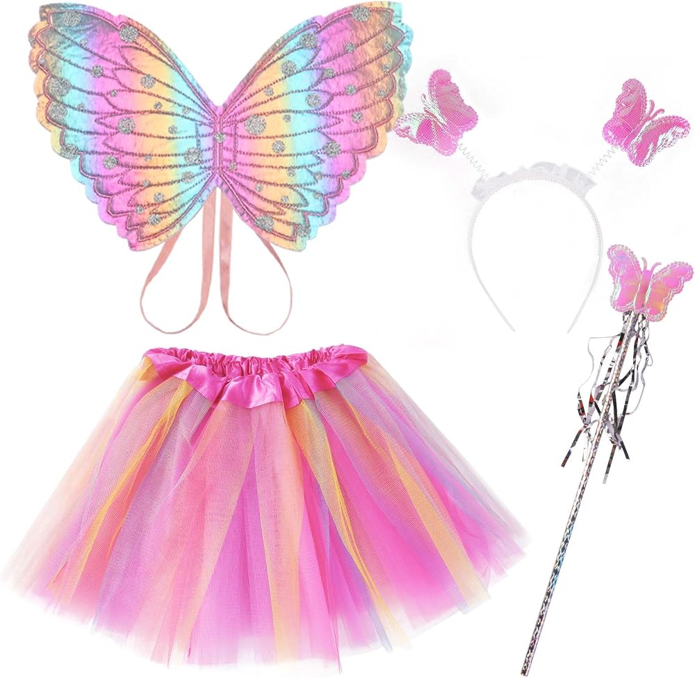 AUYAO 4Pcs Kids Butterfly Wings Costume Set Fancy Dress Up Wings Cape