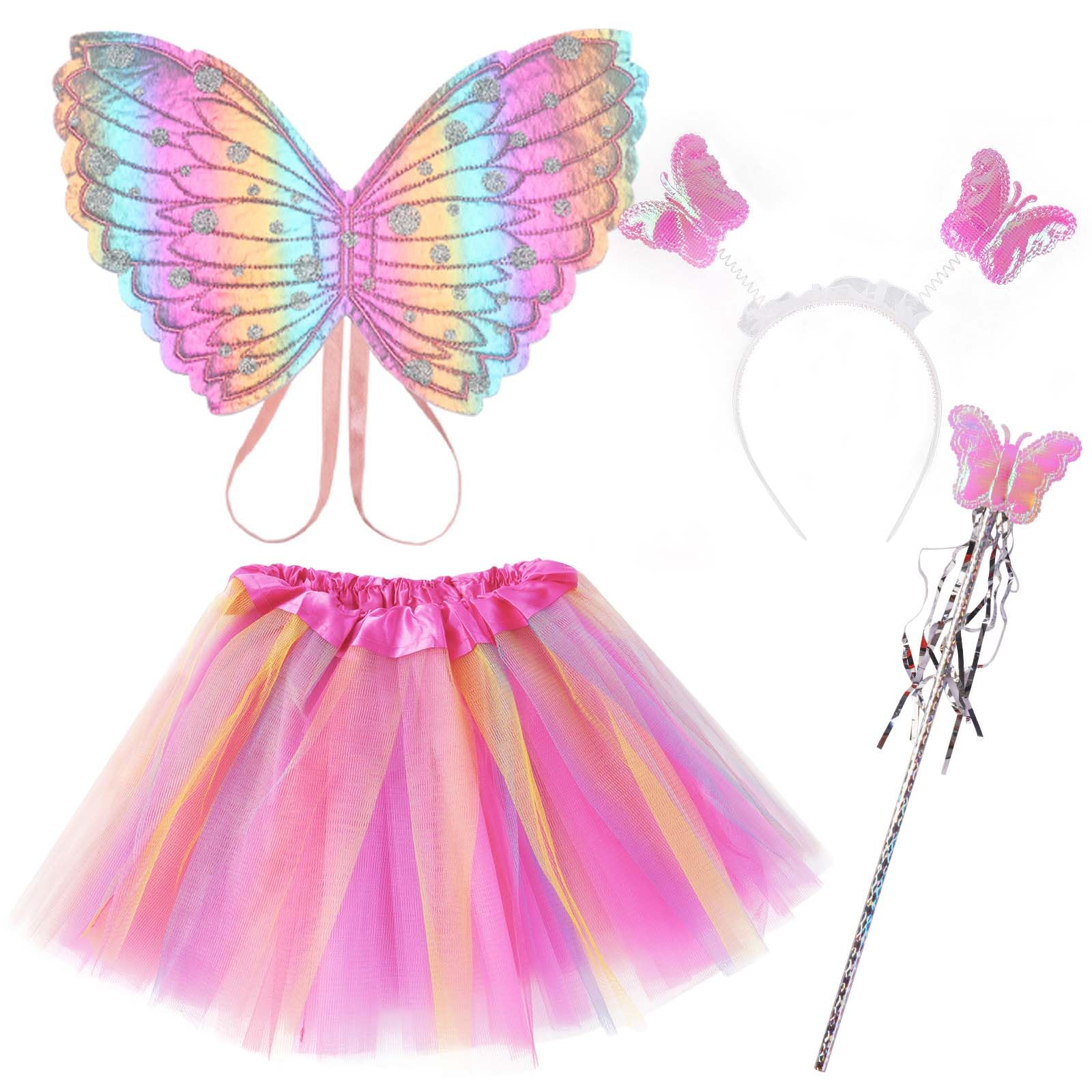 AUYAO 4Pcs Kids Butterfly Wings Costume Set, Fancy Dress Up Wings Cape, Princess Fairy Costume Set with Tutu Skirt, Girls Butterfly Dress Up for Halloween — image 1