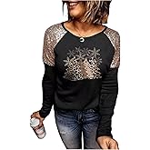 Women Leopard Christmas Trees Snowflake Sequined Splicing Blouse T Shirts Xmas Graphics Print Casual Long Sleeve Tees