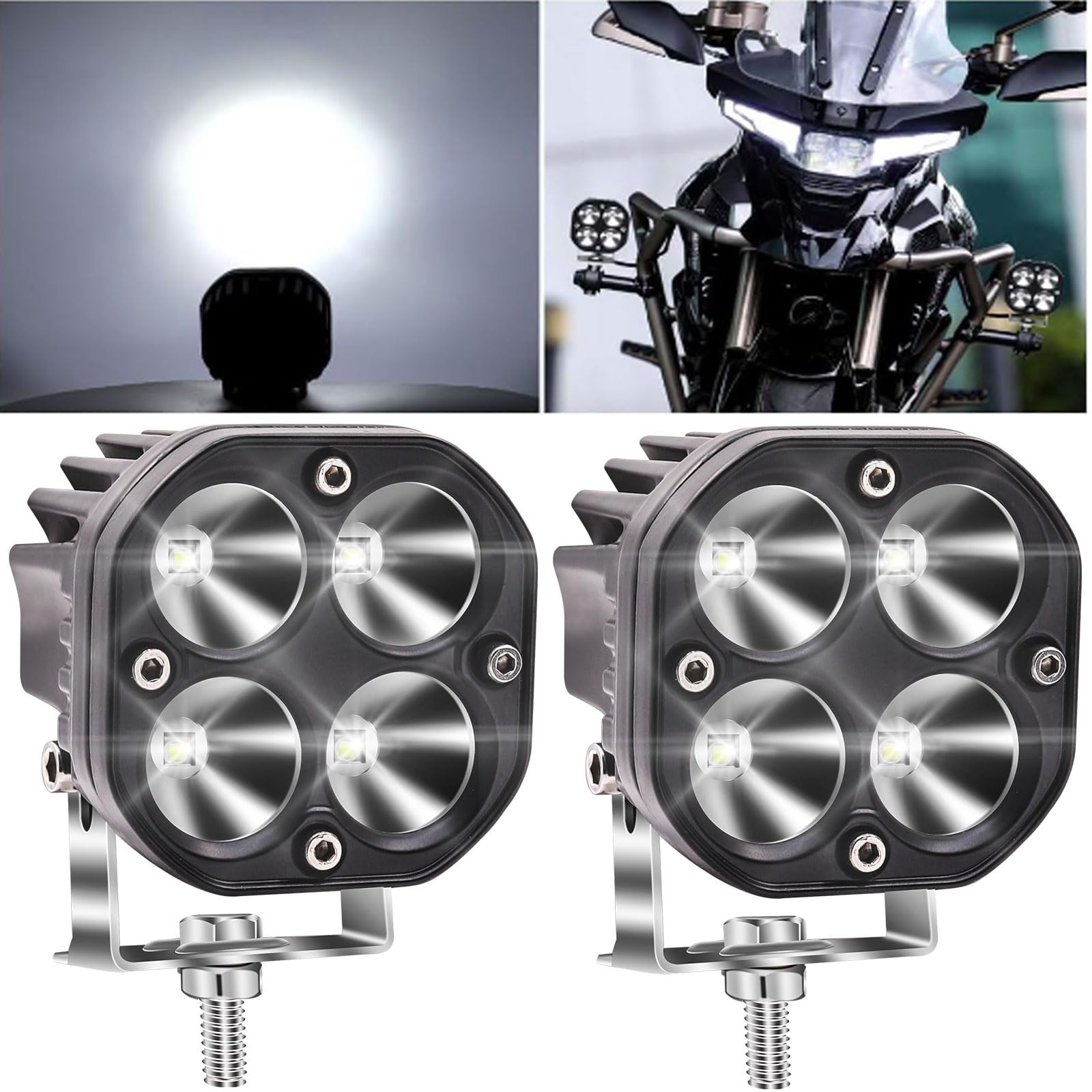 Biqing 2PCS Motorcycle LED Spotlights White Light,20W Universal Round Motorcycle Fog Lights 12V/24V Auxiliary Light (Square B)