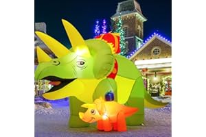 GOOSH 7.5 FT Length Christmas Inflatables Green Triceratops Dinosaur with Baby Dino Carry Gift Box, Blow Up Yard Decorations with Built-in LED Lights for Garden Lawn Outdoor Yard Xmas Winter Holiday