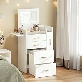 Herture Small Vanity Desk,Compact Vanity Set with Power Outlet | 3 in 1 Makeup Vanity with Lights,3 Modes Lighting,Sliding Cabinet,Storage Stool,Dressing Table,White Vanity PT01DTM