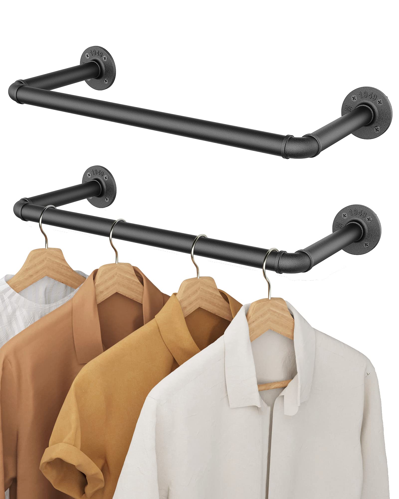 OROPY Industrial Pipe Clothes Bar Rack, Set of 2, 49cm Wall Mounted Detachable Retro Metal Garment Hanging Storage Rail (Double Base)