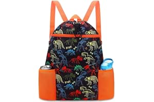 RHCPFOVR Dinosaur Drawstring Backpack for Kids - Drawstring Bags for Girls Swim Bag for Beach Swimming Pool Lightweight Draw String Bags Waterproof Sports Gym Bag With Two Water Bottle Holder