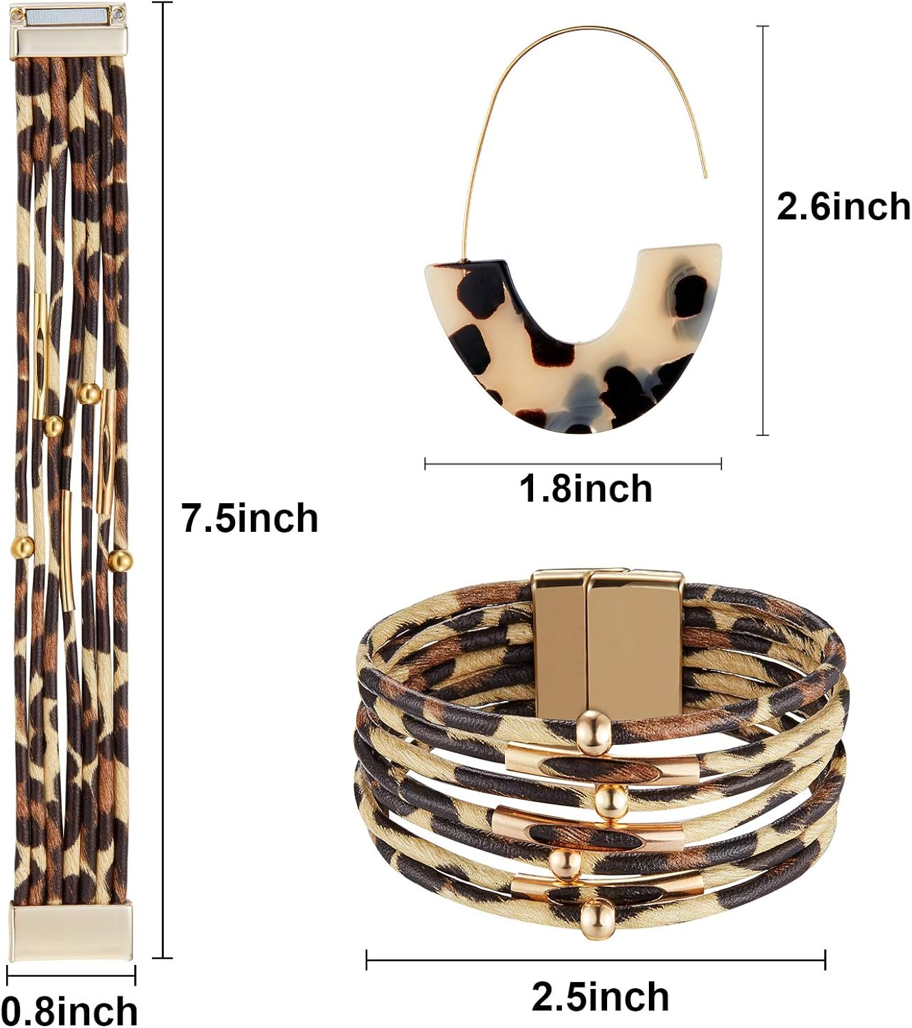 Hicarer Leopard Bracelets Leopard Tube Bracelet Multilayer Leather Cuff Bracelet and Boho Leopard Earrings for Women Girls (Beige): Jewelry
