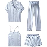 SAPJON Silk Pajamas for Women Set 4Pcs Ruffled Satin Pajamas Set Button Down Short Sleeve Cami Shorts Sleepwear Pj Set