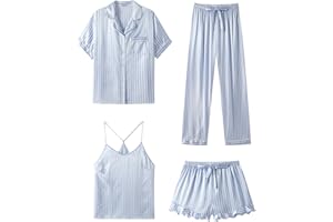 SAPJON Silk Pajamas for Women Set 4Pcs Ruffled Satin Pajamas Set Button Down Short Sleeve Cami Shorts Sleepwear Pj Set